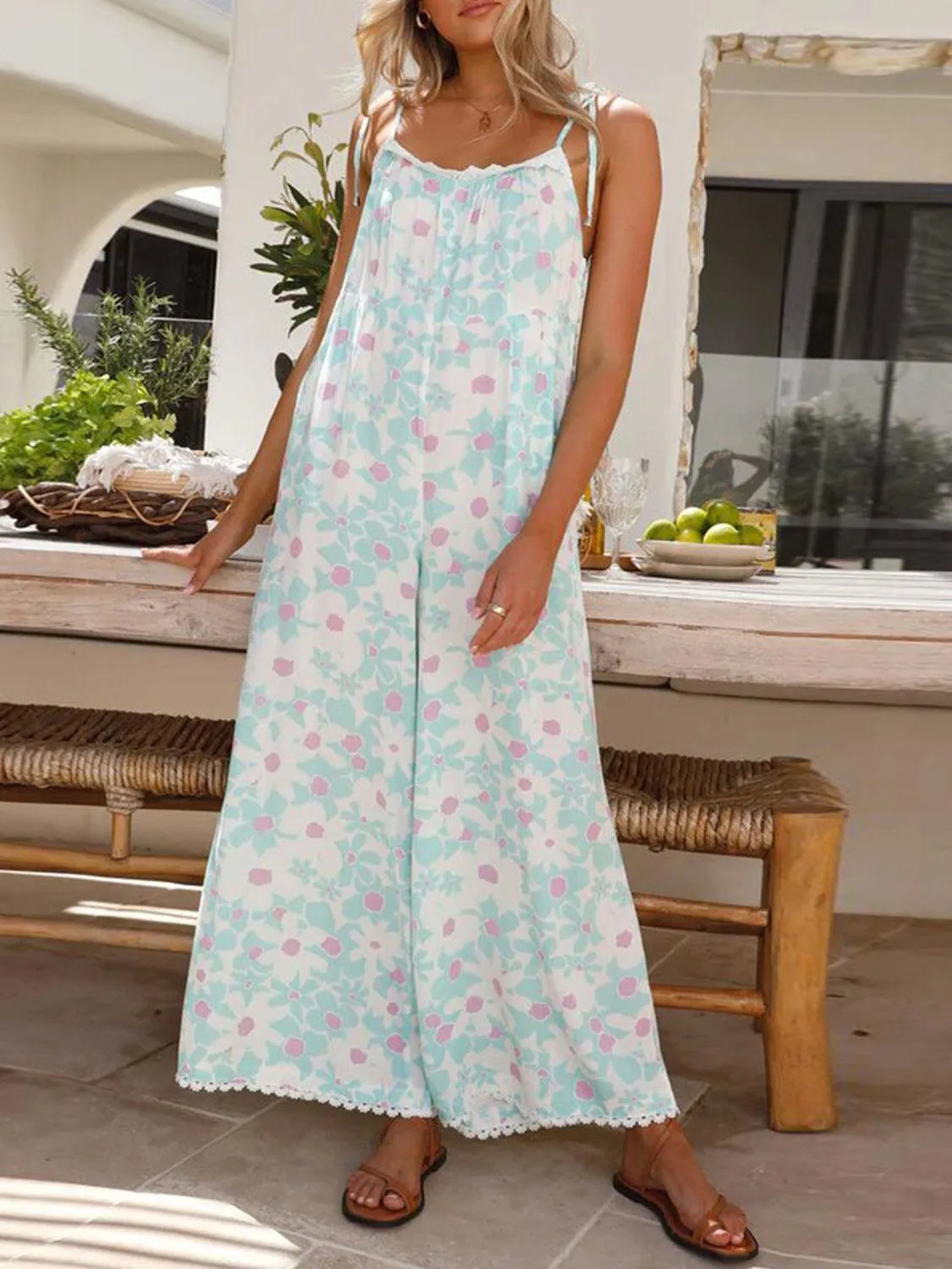 Fresh Blooms Tie Shoulder Floral Wide Leg Jumpsuit