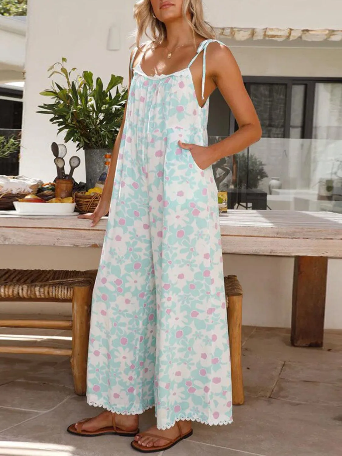 Fresh Blooms Tie Shoulder Floral Wide Leg Jumpsuit