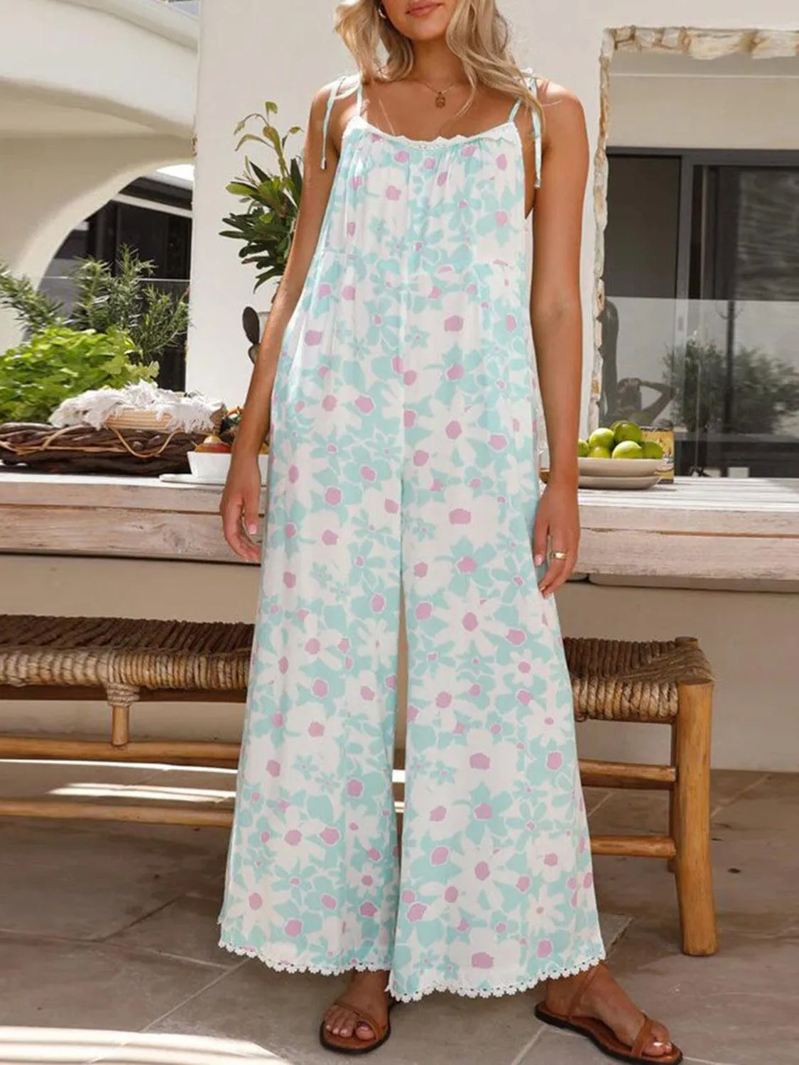 Fresh Blooms Tie Shoulder Floral Wide Leg Jumpsuit