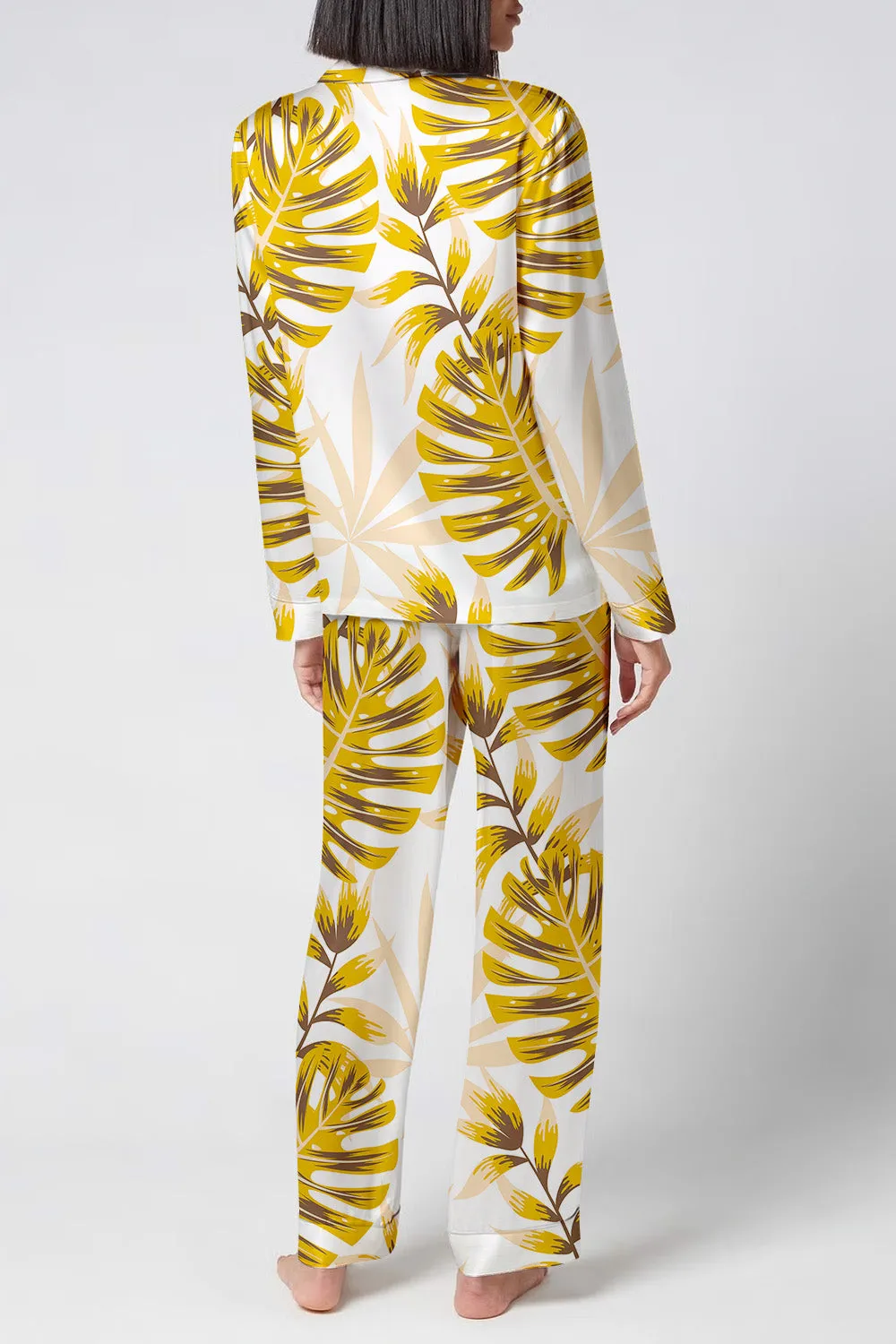Golden Canopy – Satin Tropical Leaf Pajama Set