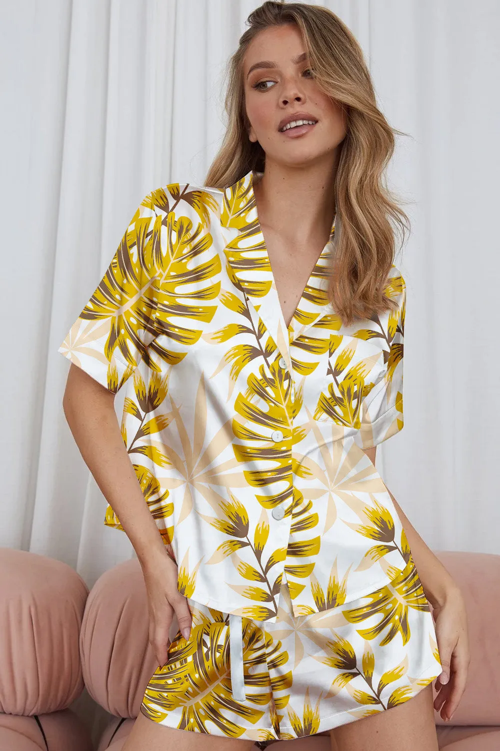Golden Canopy – Satin Tropical Leaf Pajama Set