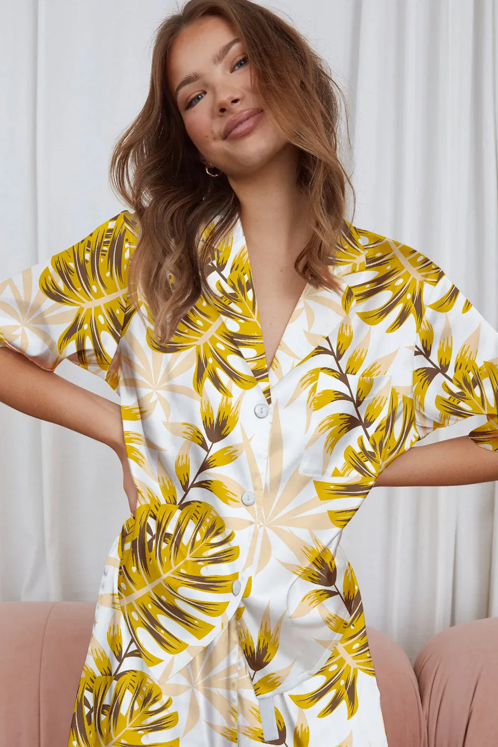 Golden Canopy – Satin Tropical Leaf Pajama Set