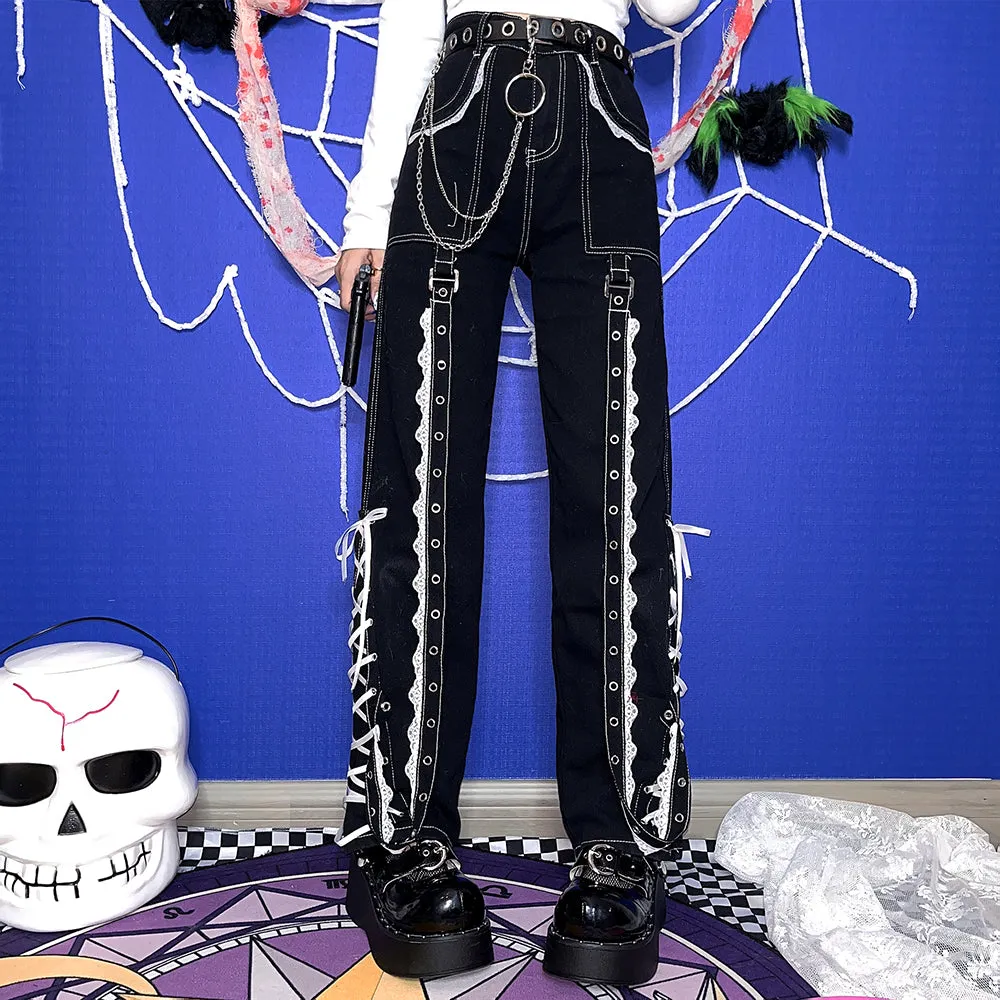 Goth Lace tie jeans yc24581