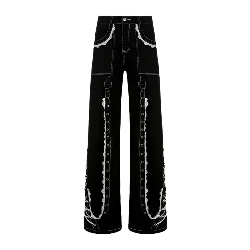 Goth Lace tie jeans yc24581