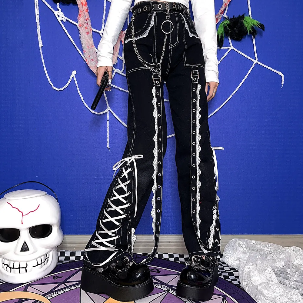 Goth Lace tie jeans yc24581