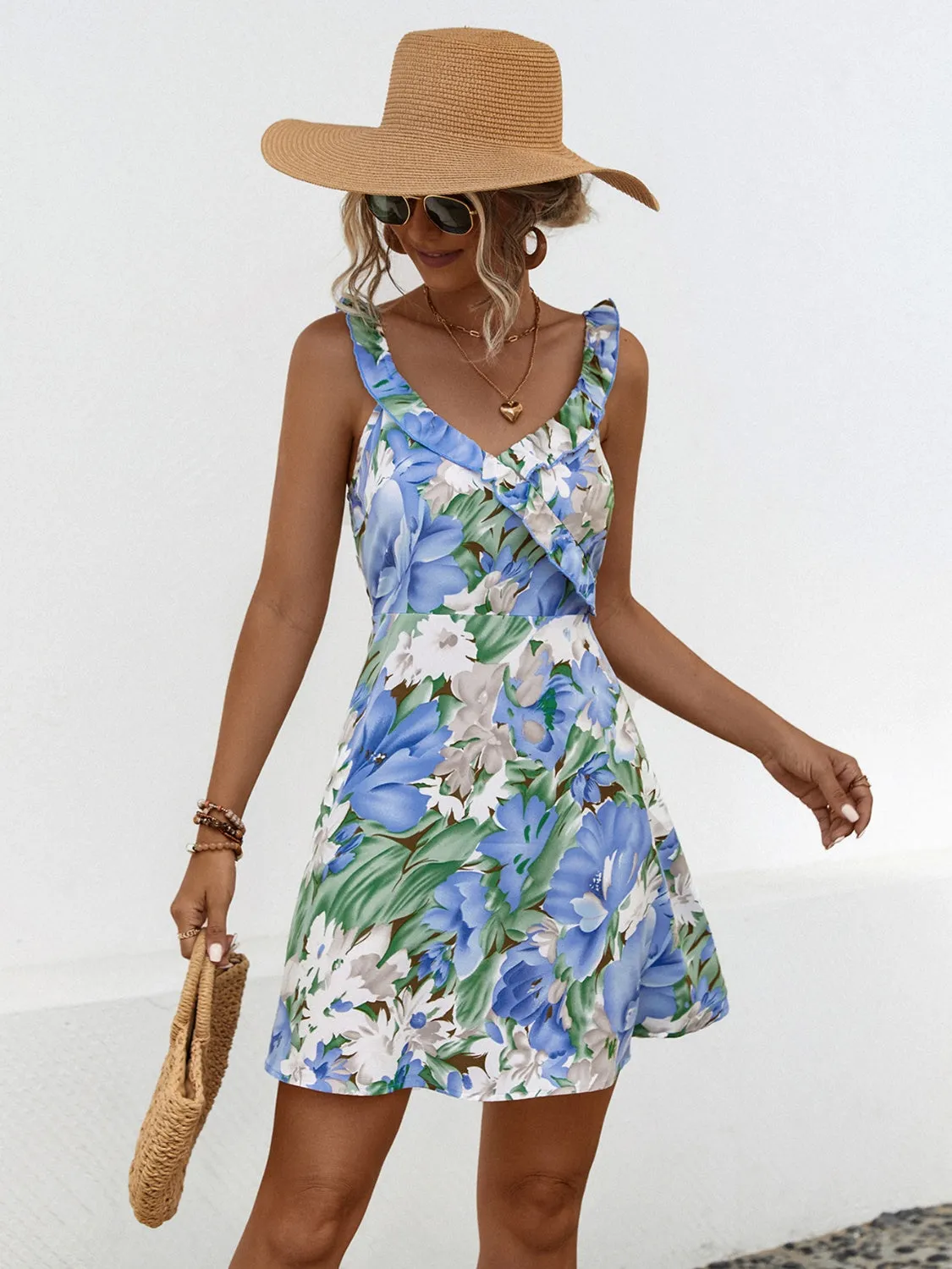 Grace Printed Ruffled Surplice Wide Strap Mini Dress