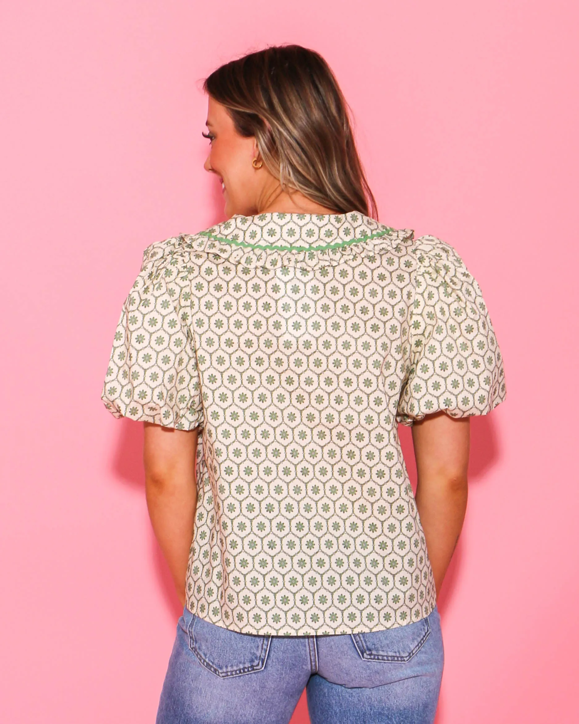 Green and Cream Printed Peter Pan Collar Top
