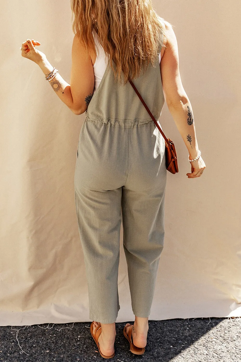 Green Grey Drawstring Waist Overalls
