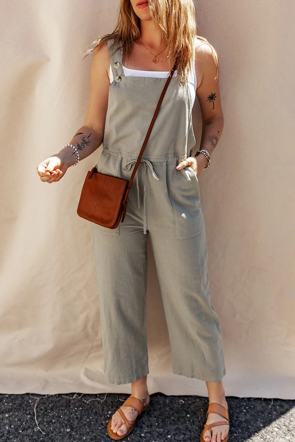 Green Grey Drawstring Waist Overalls