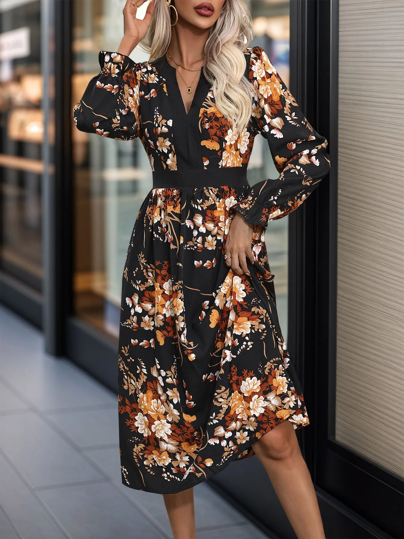 Hazel Blues® |  Printed Notched Long Sleeve Midi Dress