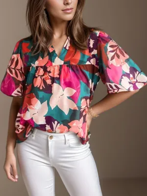 Hazel Blues® |  Printed Notched Puff Sleeve Blouse