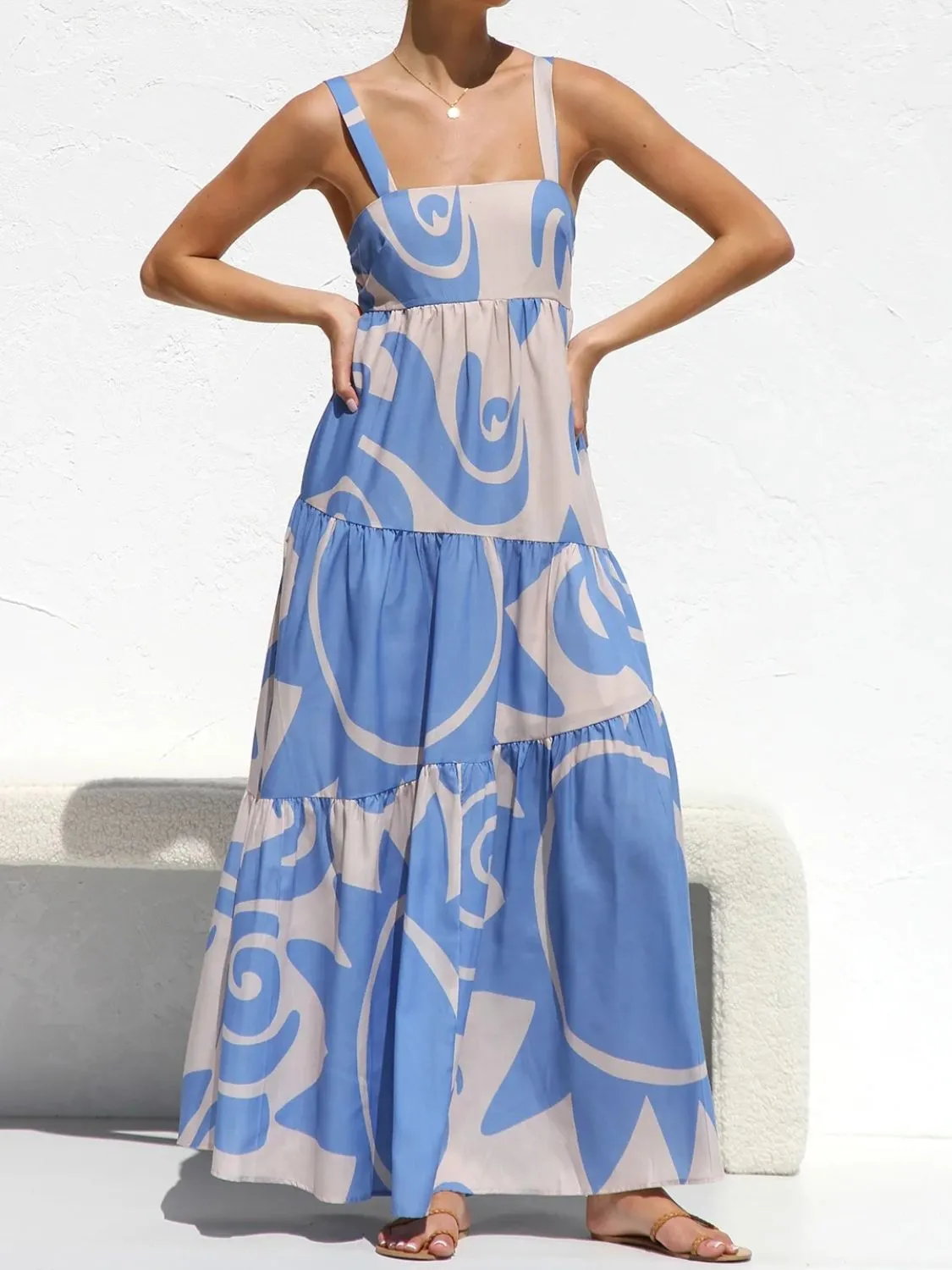 Hazel Blues® |  Printed Square Neck Wide Strap Maxi Dress