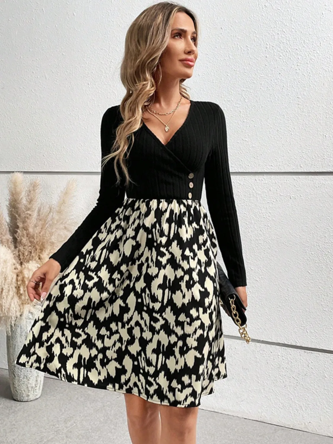 Hazel Blues® |  Printed Surplice Long Sleeve Dress