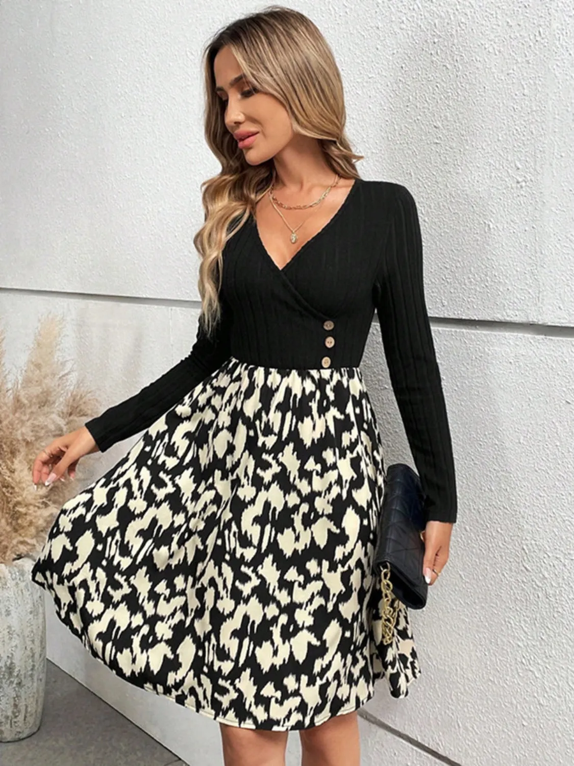 Hazel Blues® |  Printed Surplice Long Sleeve Dress