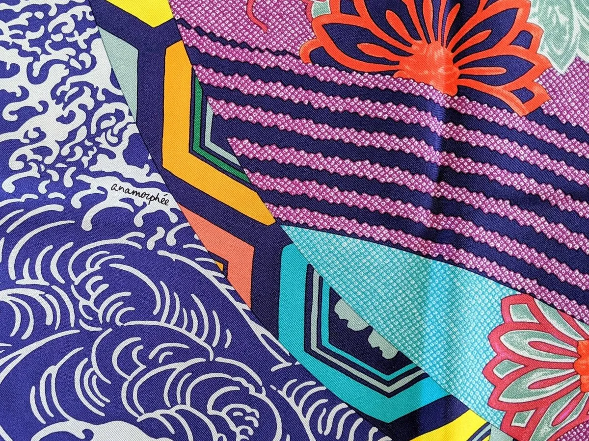Hermes 2011 Bleu/Fuschia/Jaune EX-LIBRIS EN KIMONOS by Anamorphee Twill 90cm Mint!