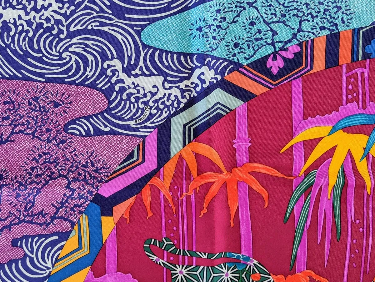 Hermes 2011 Bleu/Fuschia/Jaune EX-LIBRIS EN KIMONOS by Anamorphee Twill 90cm Mint!