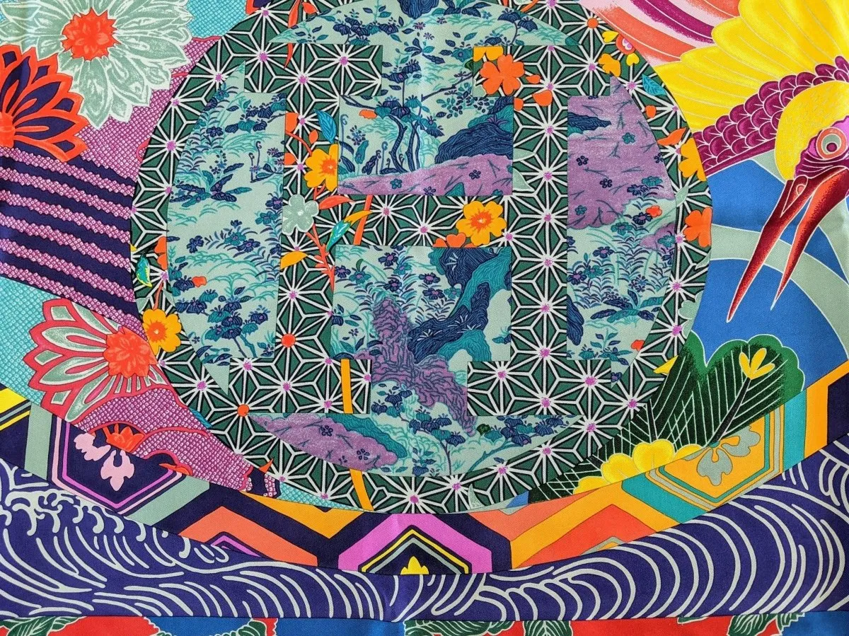 Hermes 2011 Bleu/Fuschia/Jaune EX-LIBRIS EN KIMONOS by Anamorphee Twill 90cm Mint!