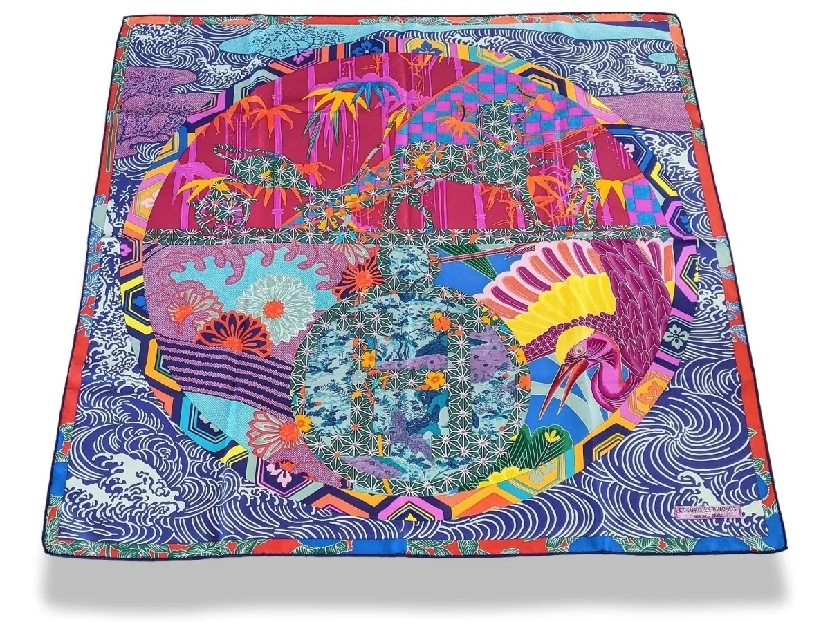 Hermes 2011 Bleu/Fuschia/Jaune EX-LIBRIS EN KIMONOS by Anamorphee Twill 90cm Mint!