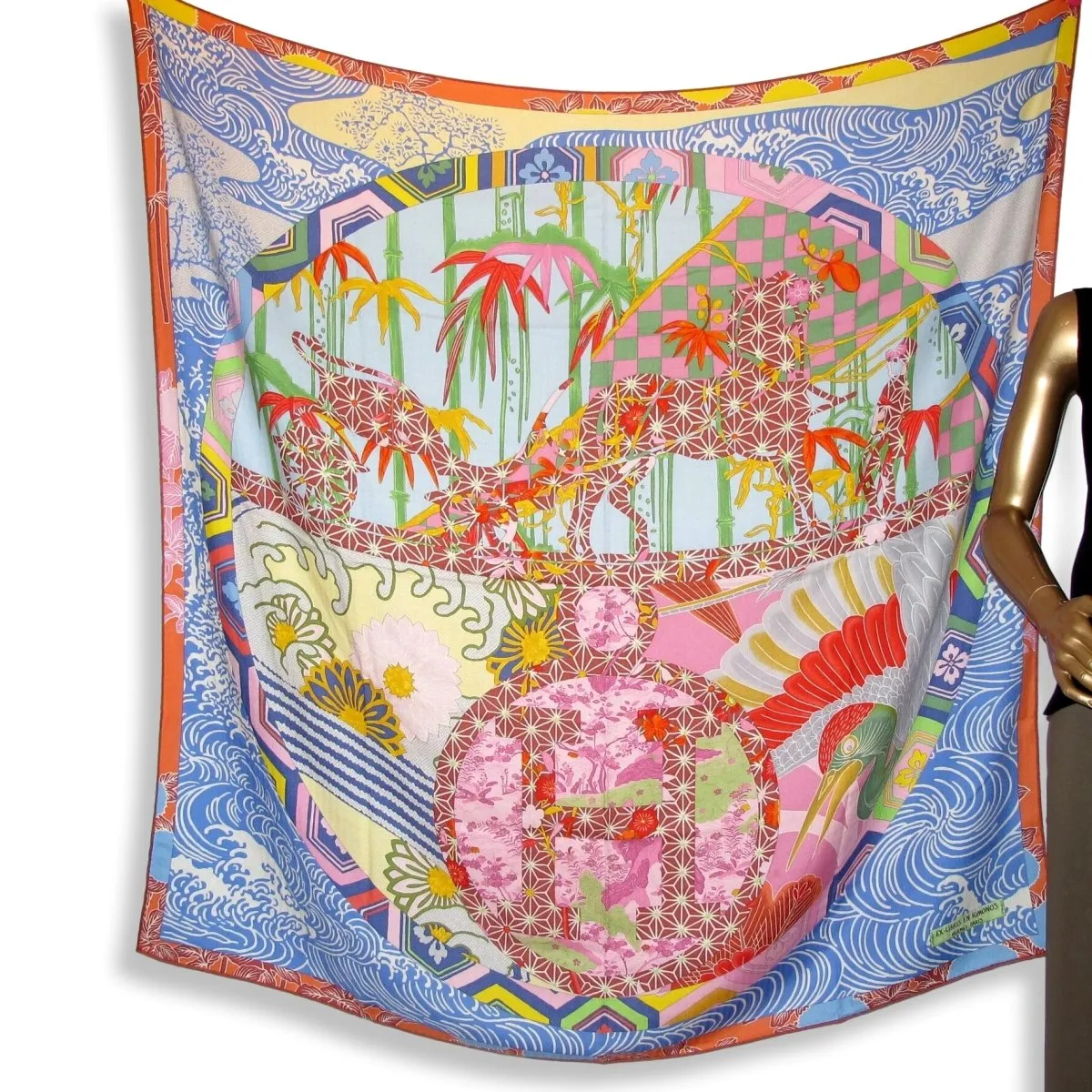 Hermes 2012 Bleu/Vert/Rouge/Rose EX-LIBRIS EN KIMONOS Cashmere Shawl 140 MInt!