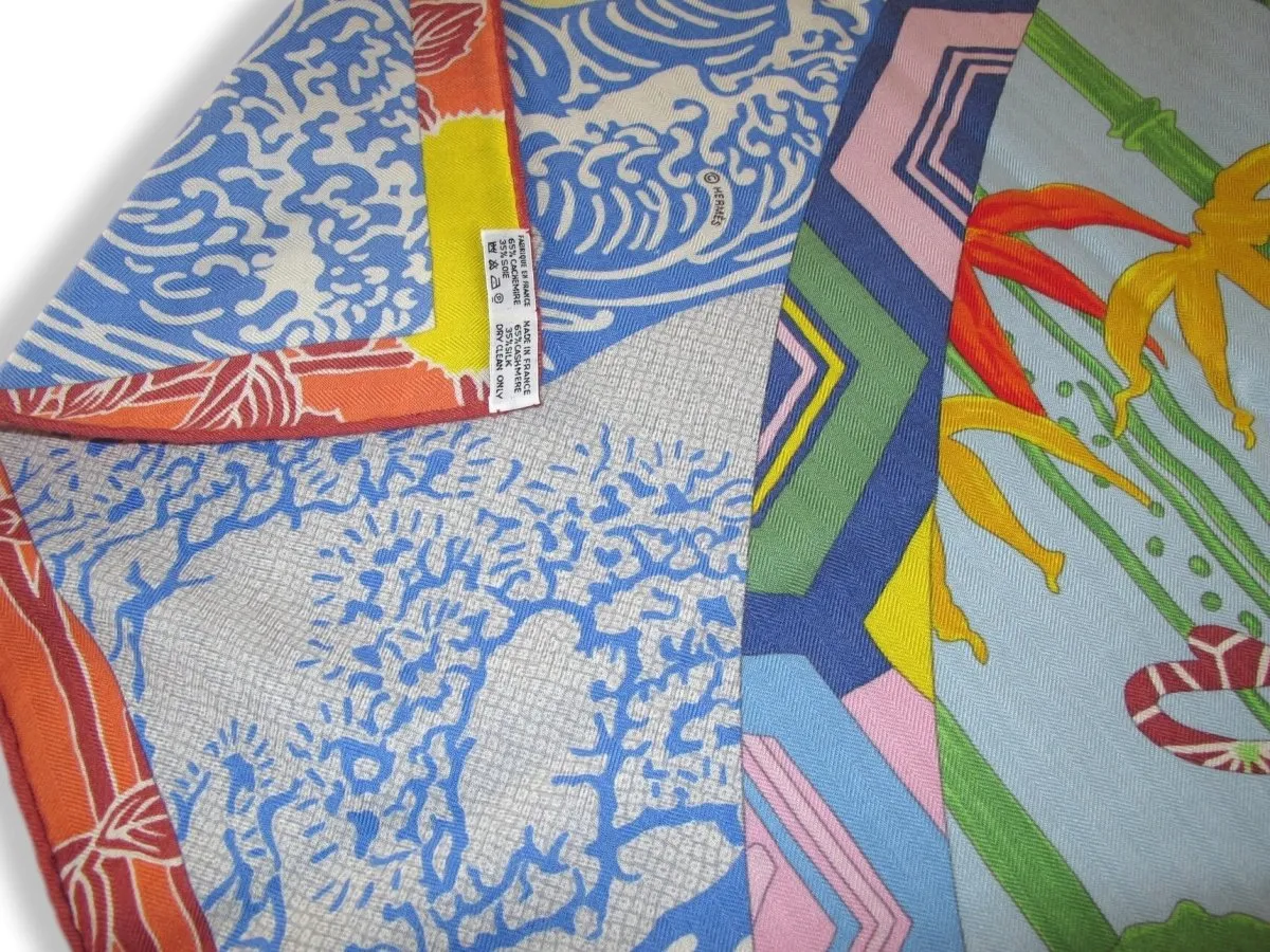 Hermes 2012 Bleu/Vert/Rouge/Rose EX-LIBRIS EN KIMONOS Cashmere Shawl 140 MInt!