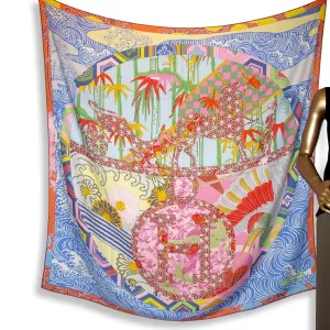 Hermes 2012 Bleu/Vert/Rouge/Rose EX-LIBRIS EN KIMONOS Cashmere Shawl 140 MInt!