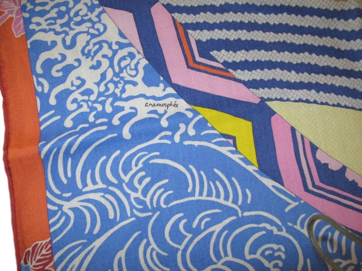Hermes 2012 Bleu/Vert/Rouge/Rose EX-LIBRIS EN KIMONOS Cashmere Shawl 140 MInt!