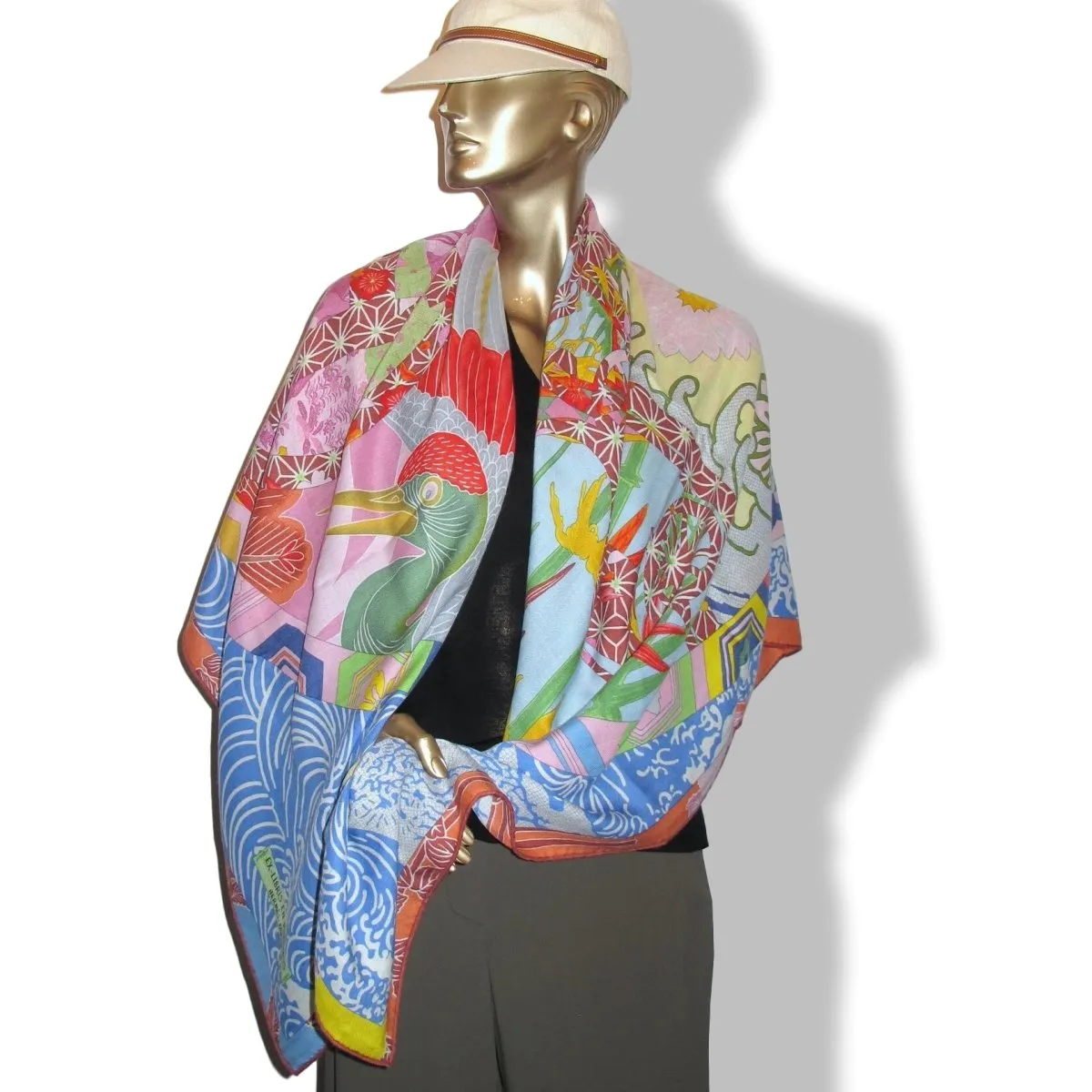 Hermes 2012 Bleu/Vert/Rouge/Rose EX-LIBRIS EN KIMONOS Cashmere Shawl 140 MInt!