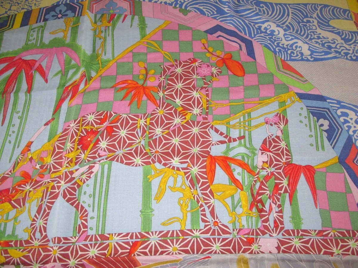 Hermes 2012 Bleu/Vert/Rouge/Rose EX-LIBRIS EN KIMONOS Cashmere Shawl 140 MInt!