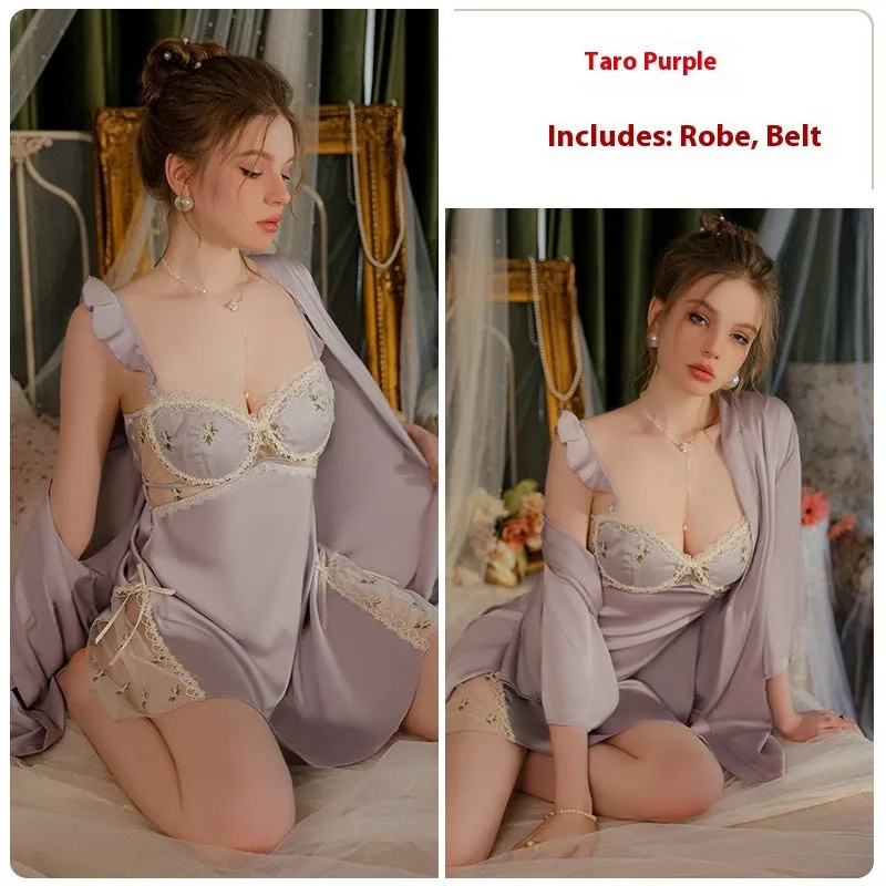 Ice Silk Floral Pajamas With Chest Pad Push Up Sling Nightdress