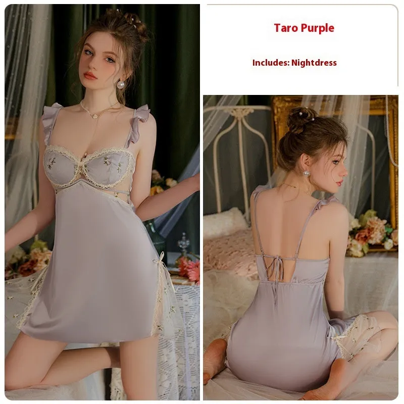 Ice Silk Floral Pajamas With Chest Pad Push Up Sling Nightdress