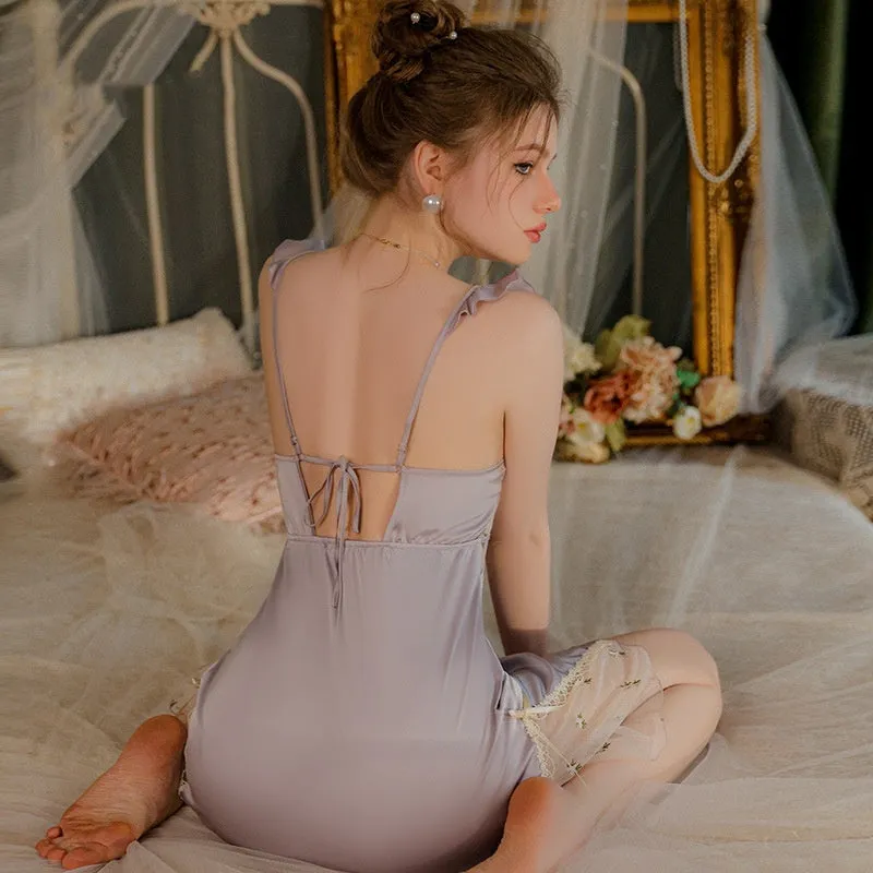 Ice Silk Floral Pajamas With Chest Pad Push Up Sling Nightdress