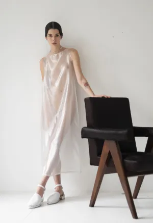 Iridescent White Silk Mesh Shift Dress