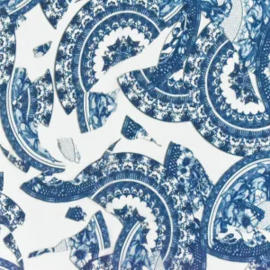 Ivory-Blue Broken China Plates Printed Silk Chiffon Woven Fabric