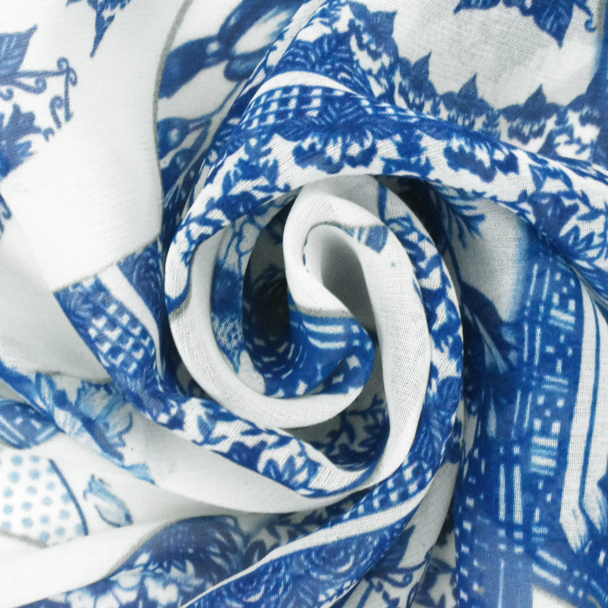 Ivory-Blue Broken China Plates Printed Silk Chiffon Woven Fabric
