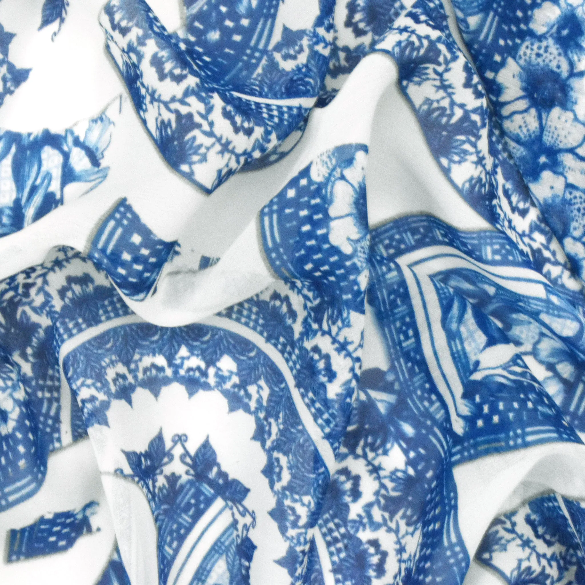 Ivory-Blue Broken China Plates Printed Silk Chiffon Woven Fabric