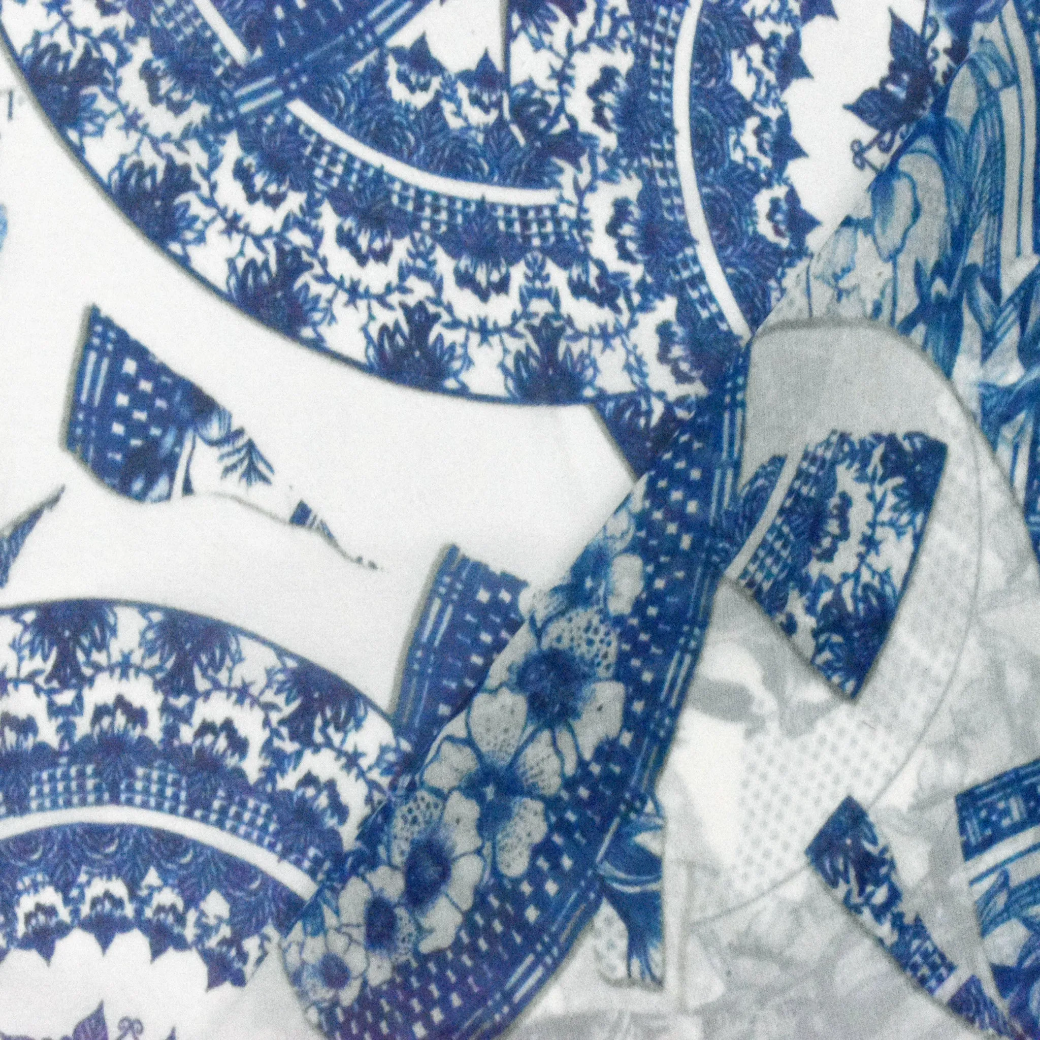 Ivory-Blue Broken China Plates Printed Silk Chiffon Woven Fabric