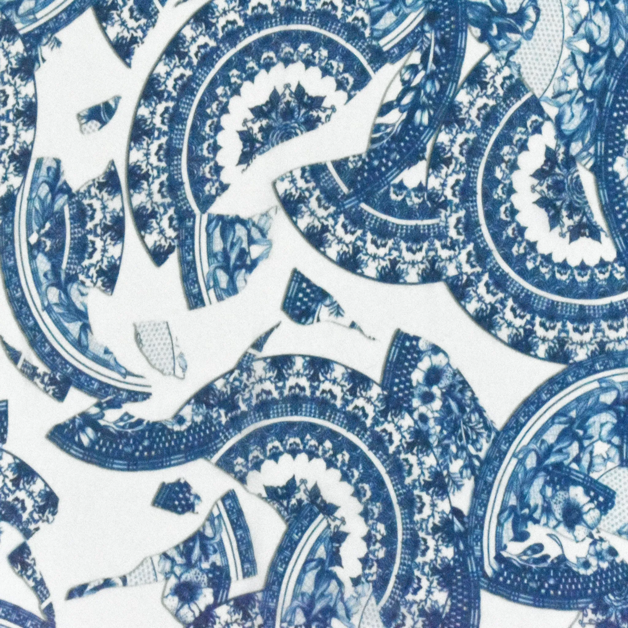 Ivory-Blue Broken China Plates Printed Silk Chiffon Woven Fabric