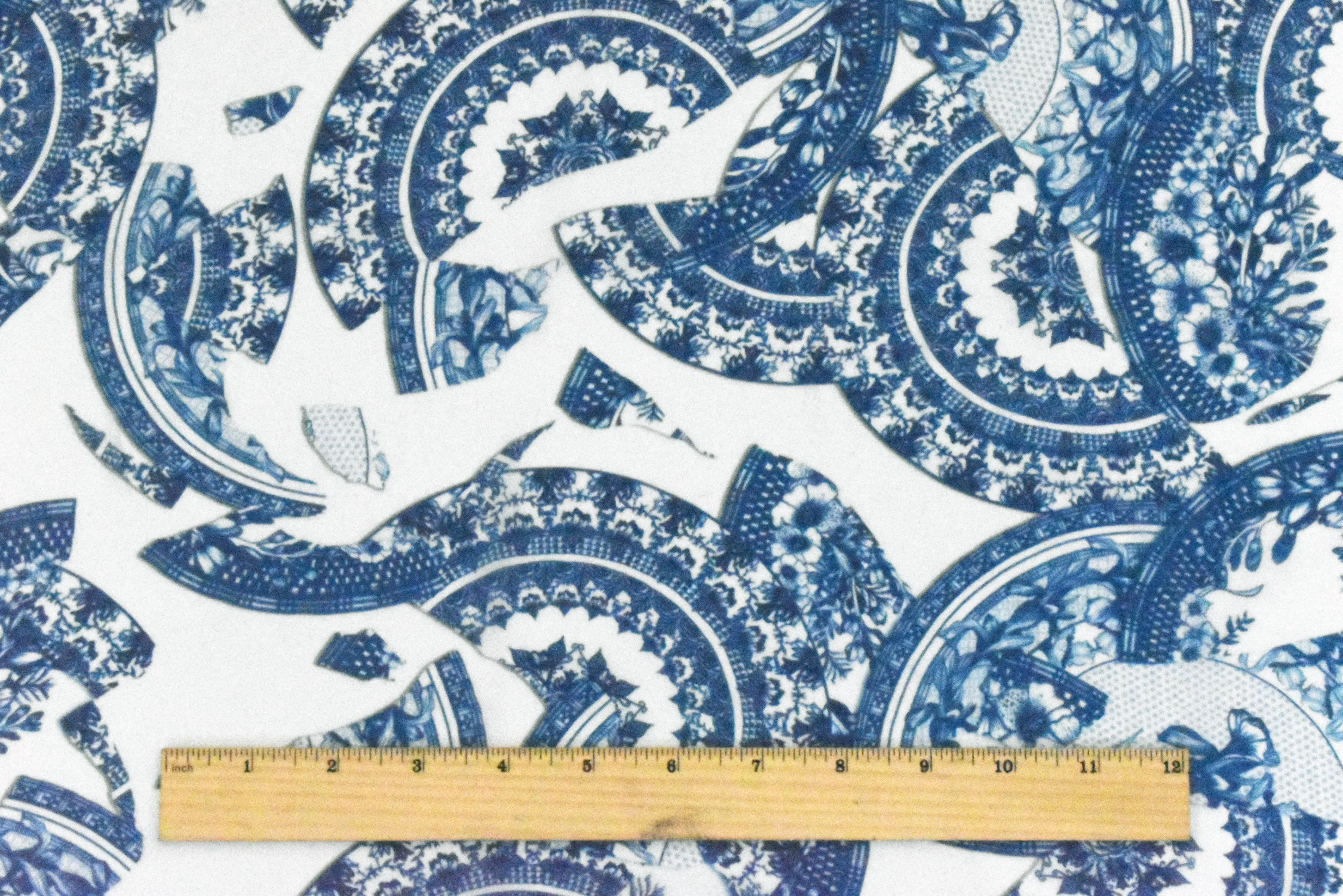 Ivory-Blue Broken China Plates Printed Silk Chiffon Woven Fabric