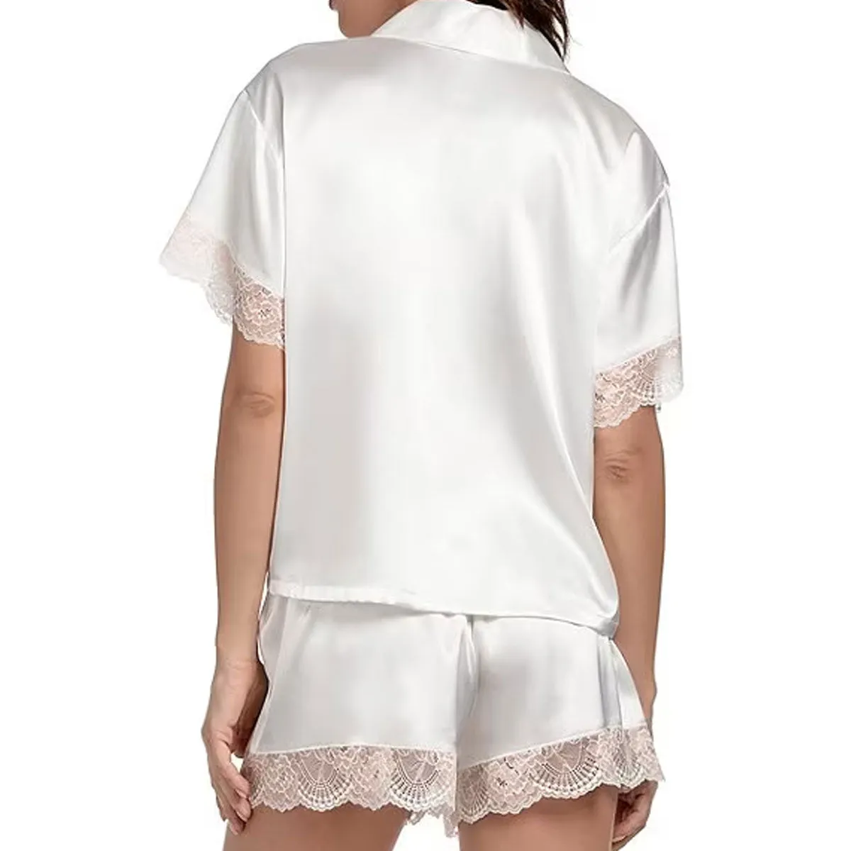 JNL041 Janelle Lace Trim Satin Shorty Pajamas | Ivory