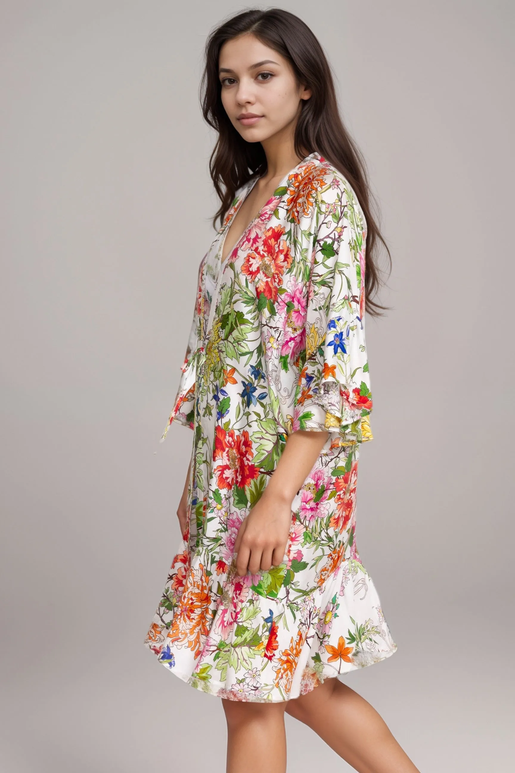 Johnny Was White Metalli Giorno Floral Ruffle Kimono CSW0424-A
