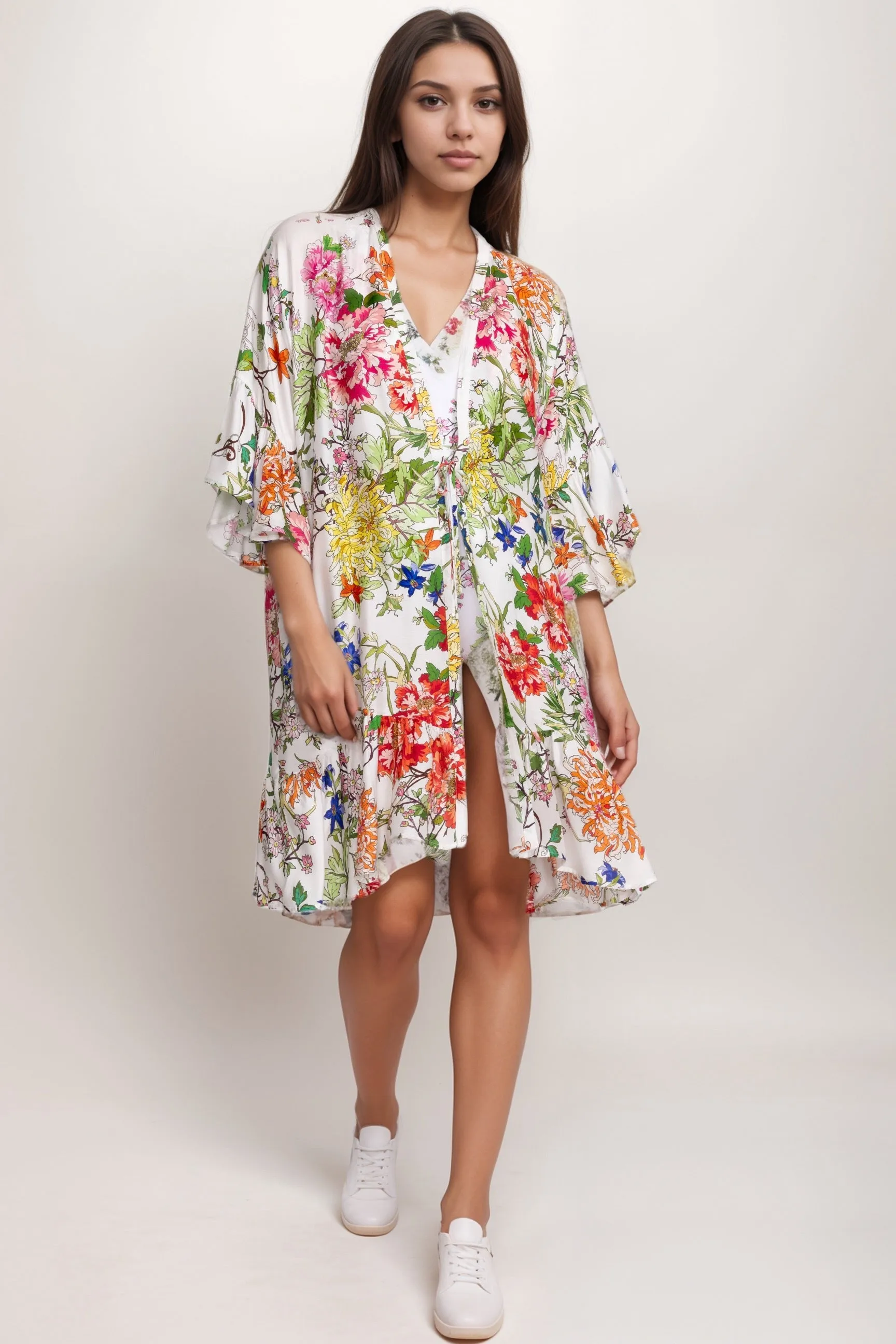 Johnny Was White Metalli Giorno Floral Ruffle Kimono CSW0424-A
