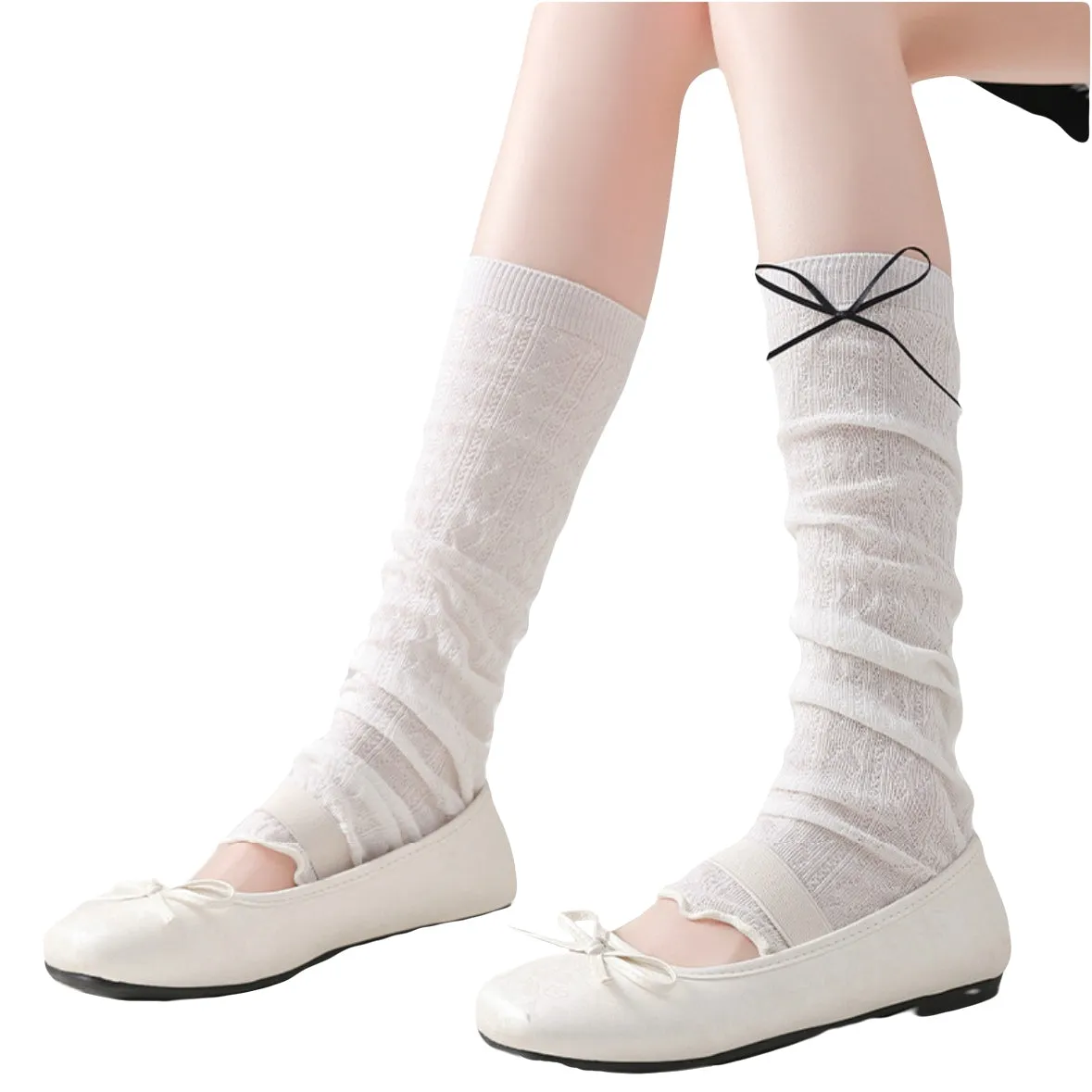 Kawaii Bow Knit Leg Warmers Japanese JK Style Sheer Mesh Long Socks for Girls