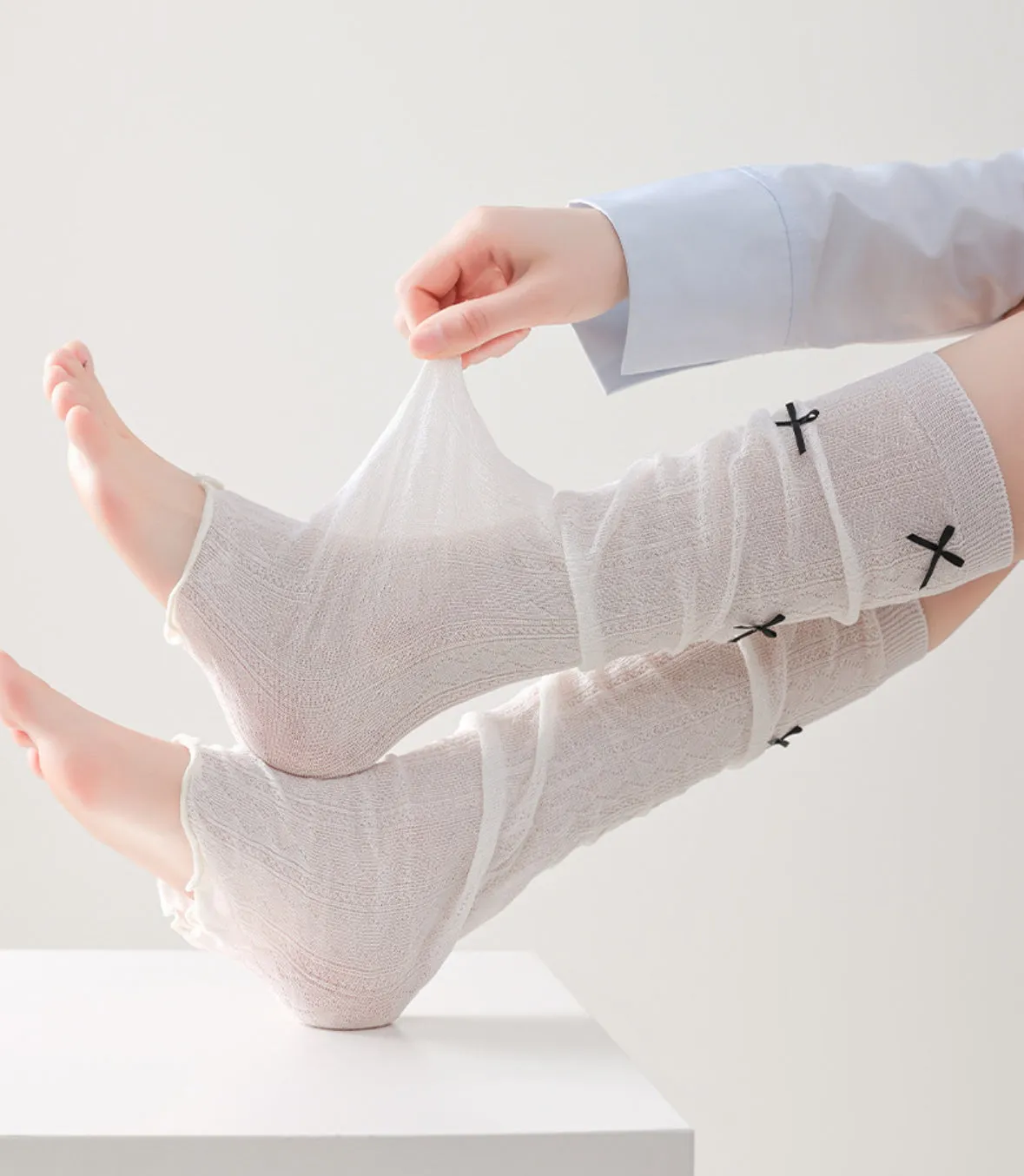 Kawaii Bow Knit Leg Warmers Japanese JK Style Sheer Mesh Long Socks for Girls