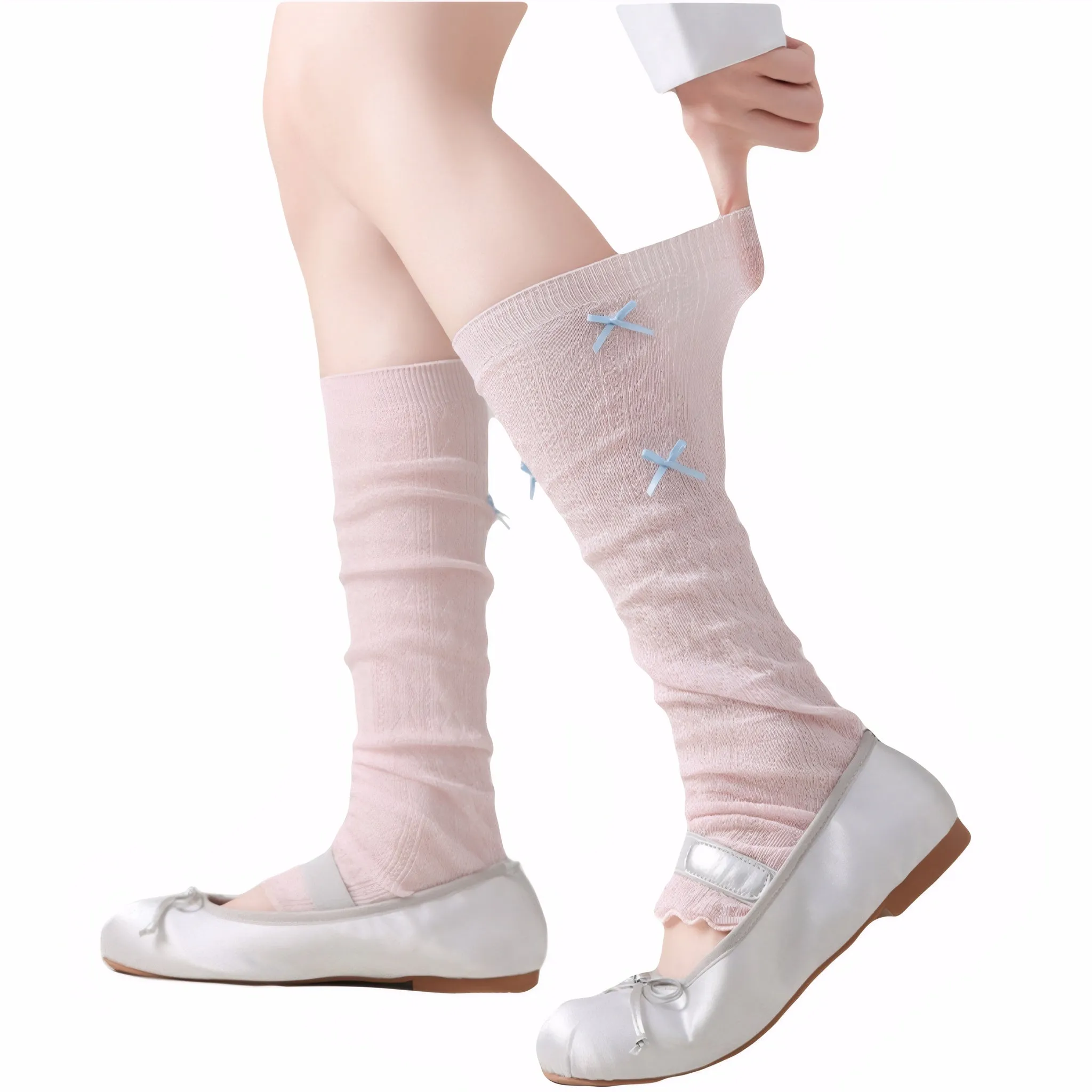 Kawaii Bow Knit Leg Warmers Japanese JK Style Sheer Mesh Long Socks for Girls