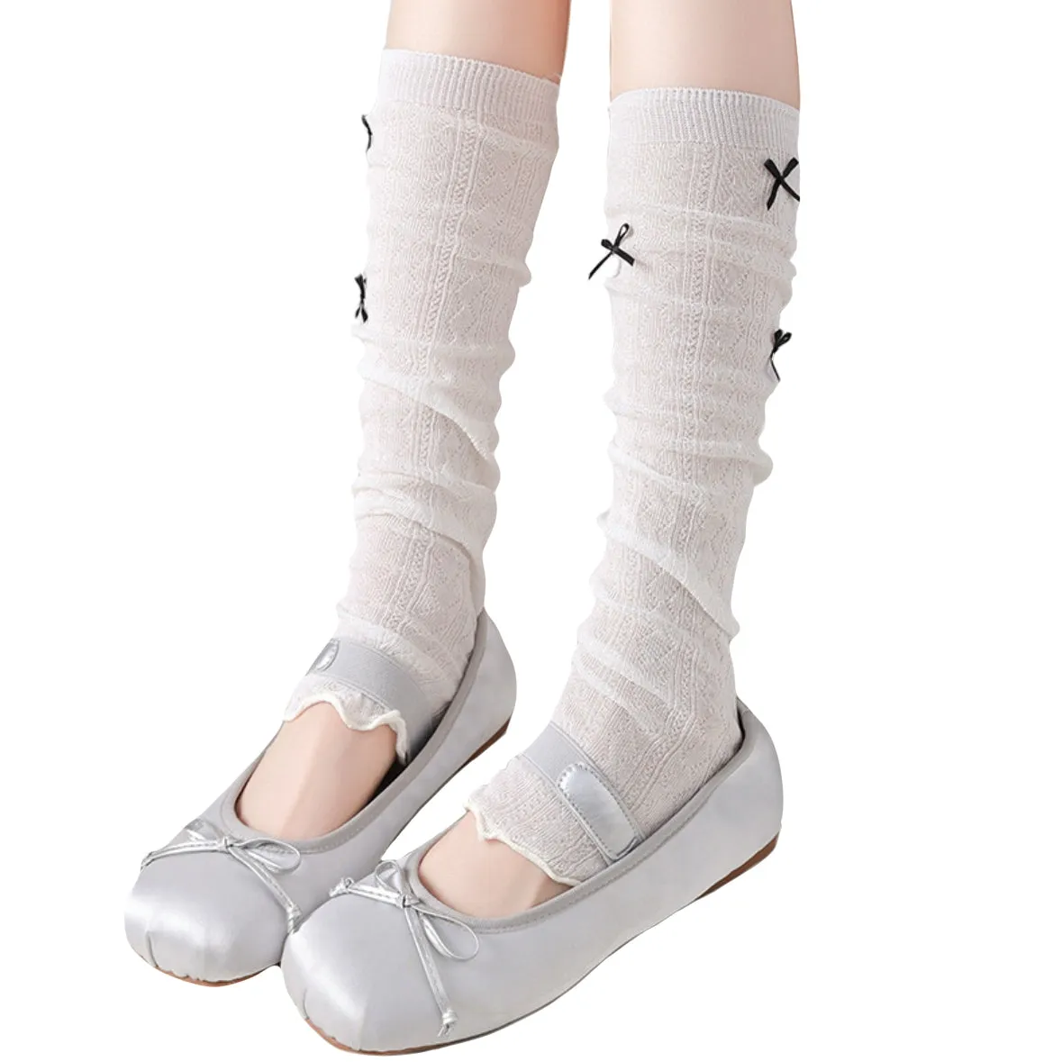 Kawaii Bow Knit Leg Warmers Japanese JK Style Sheer Mesh Long Socks for Girls