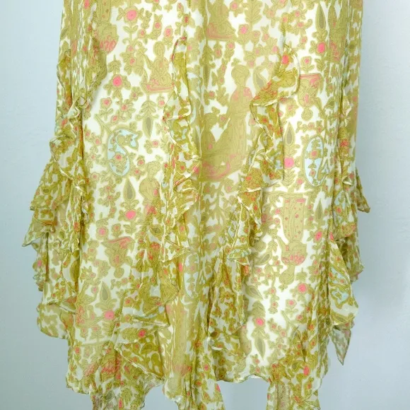 Kay Unger Silk Yellow Green Woman Print Ruffle Handkerchief Skirt
