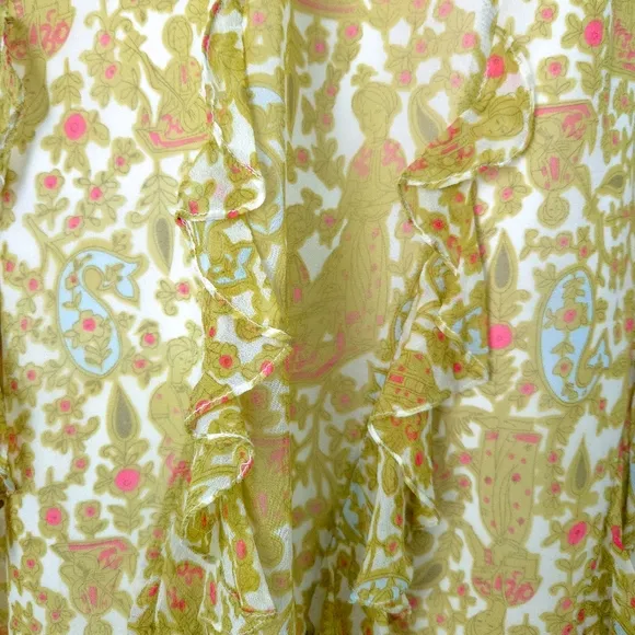 Kay Unger Silk Yellow Green Woman Print Ruffle Handkerchief Skirt