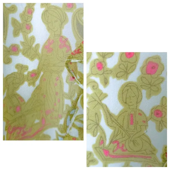 Kay Unger Silk Yellow Green Woman Print Ruffle Handkerchief Skirt