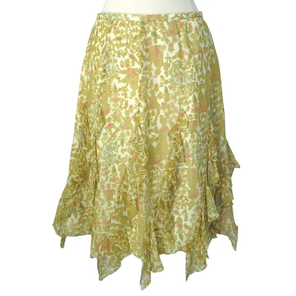 Kay Unger Silk Yellow Green Woman Print Ruffle Handkerchief Skirt