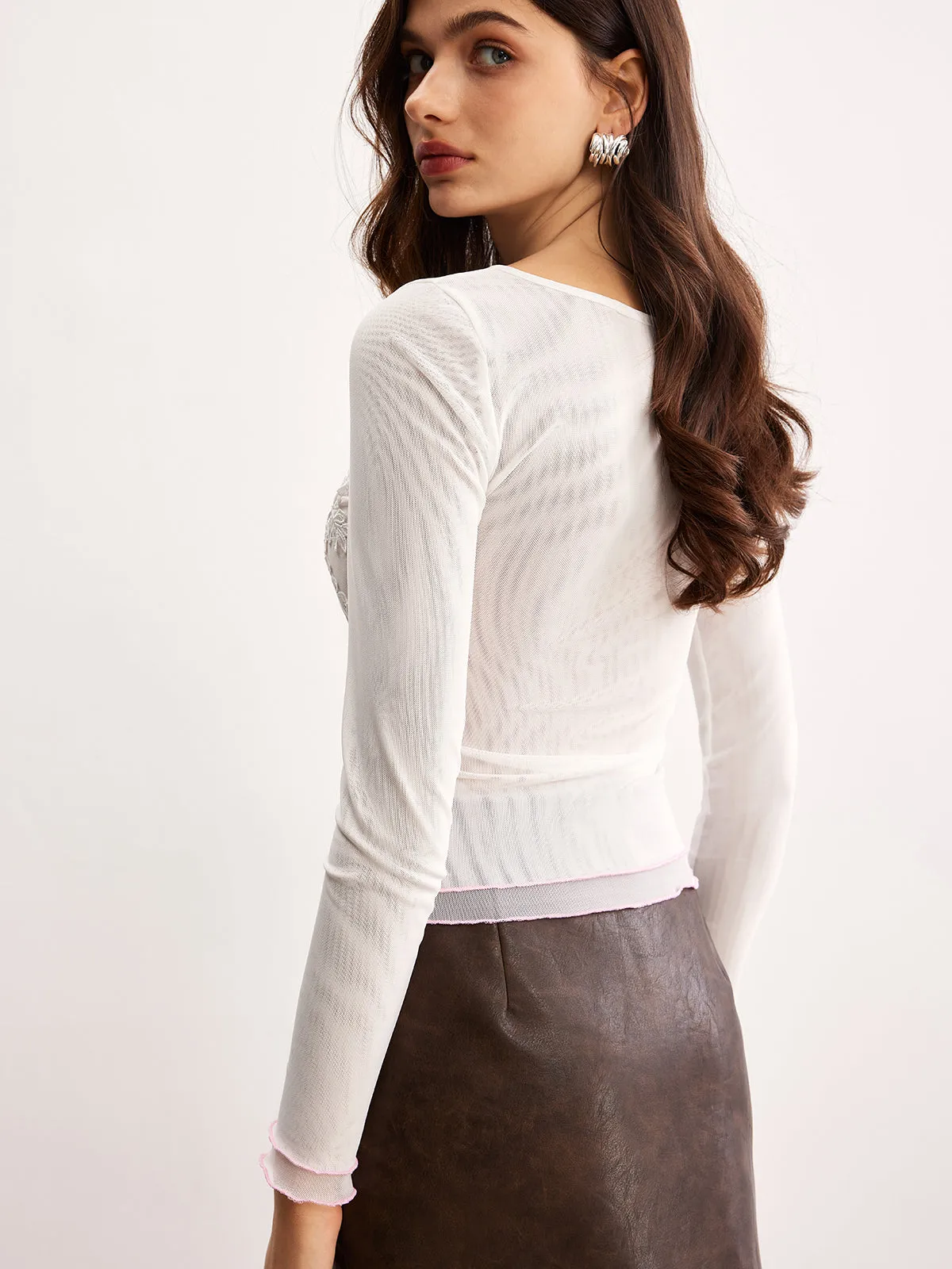 Keyhole Neckline Floral Mesh Blouse